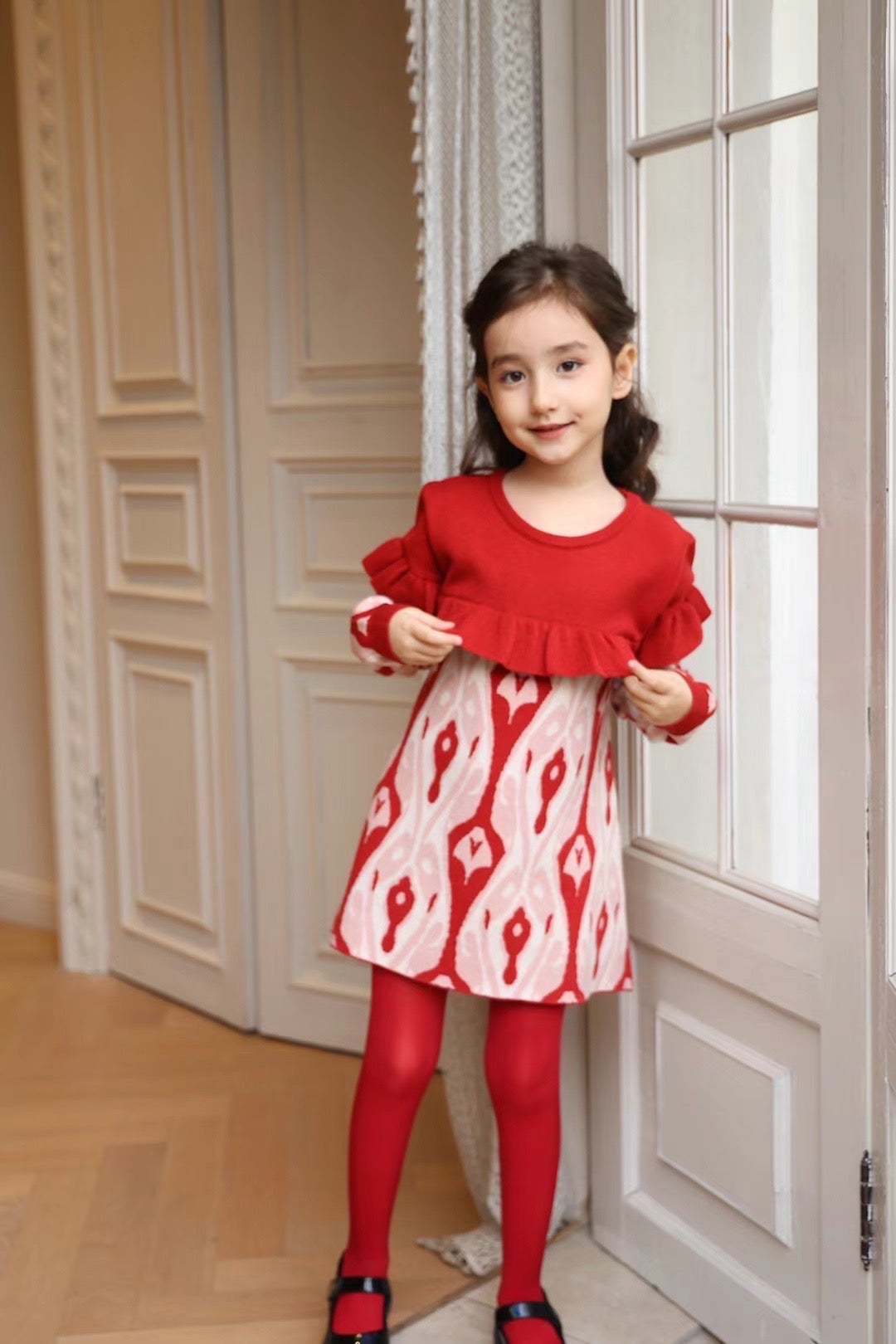 Girls’ Knit Dress – Red Ikat Pattern