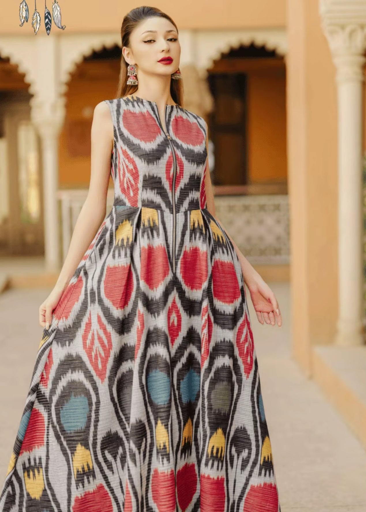 Elegant Sleeveless Ikat Maxi Dress – 100% Cotton-Linen Blend