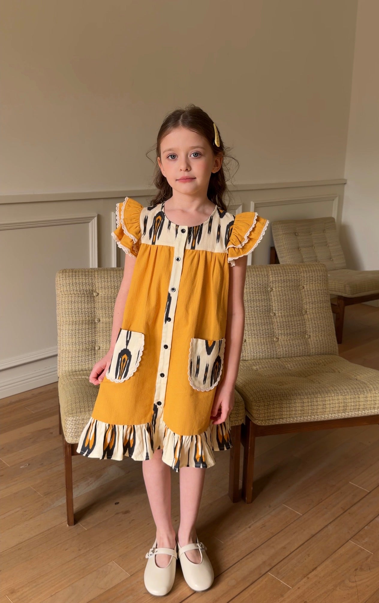 Girls Cotton Atlas Dress – Mustard Ikat Button Front Dress with Ruffle Sleeves
