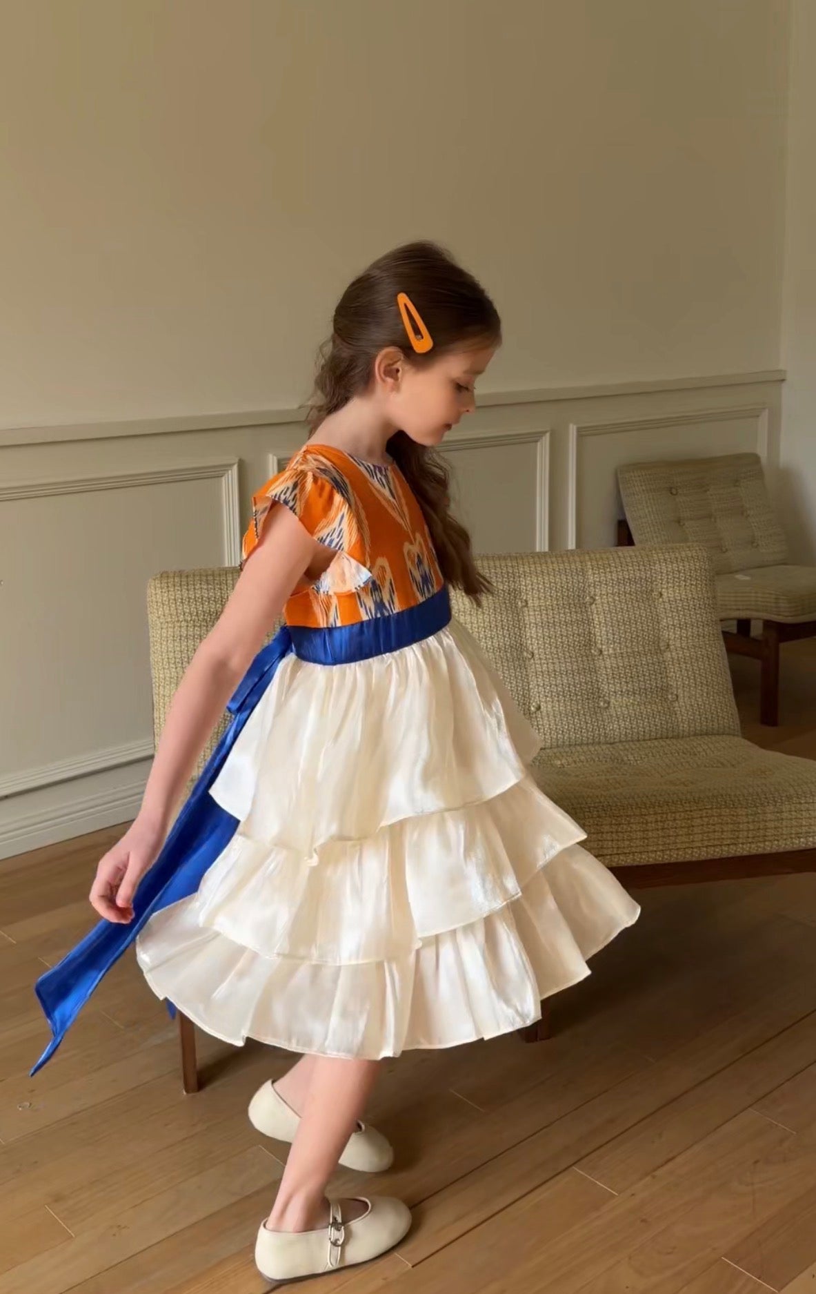 Girls Atlas Ikat Princess Dress – Layered Cotton Dress with Ribbon Waist