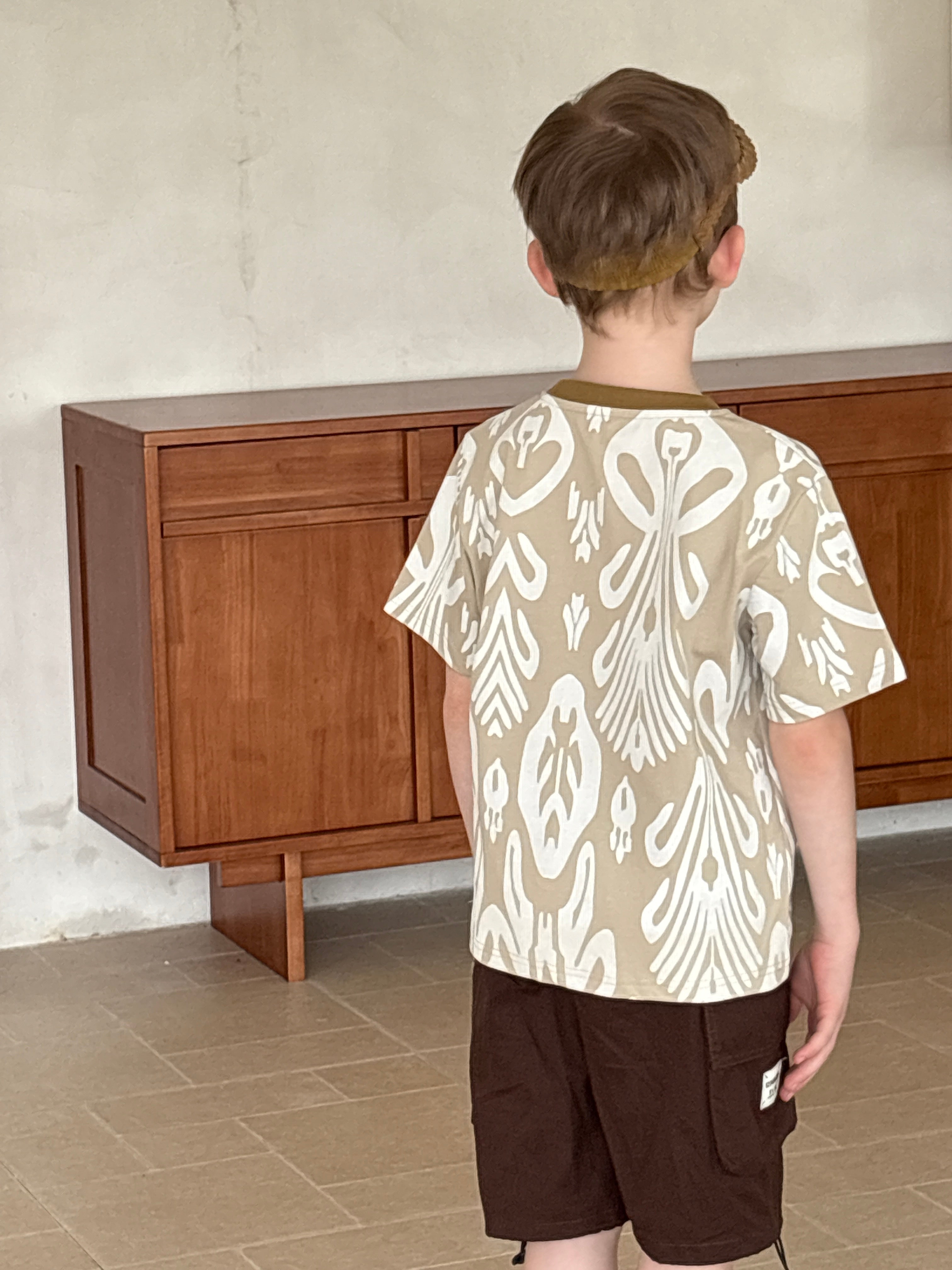 boys wearing blue ikat t-shirt soft breathable summer outfit