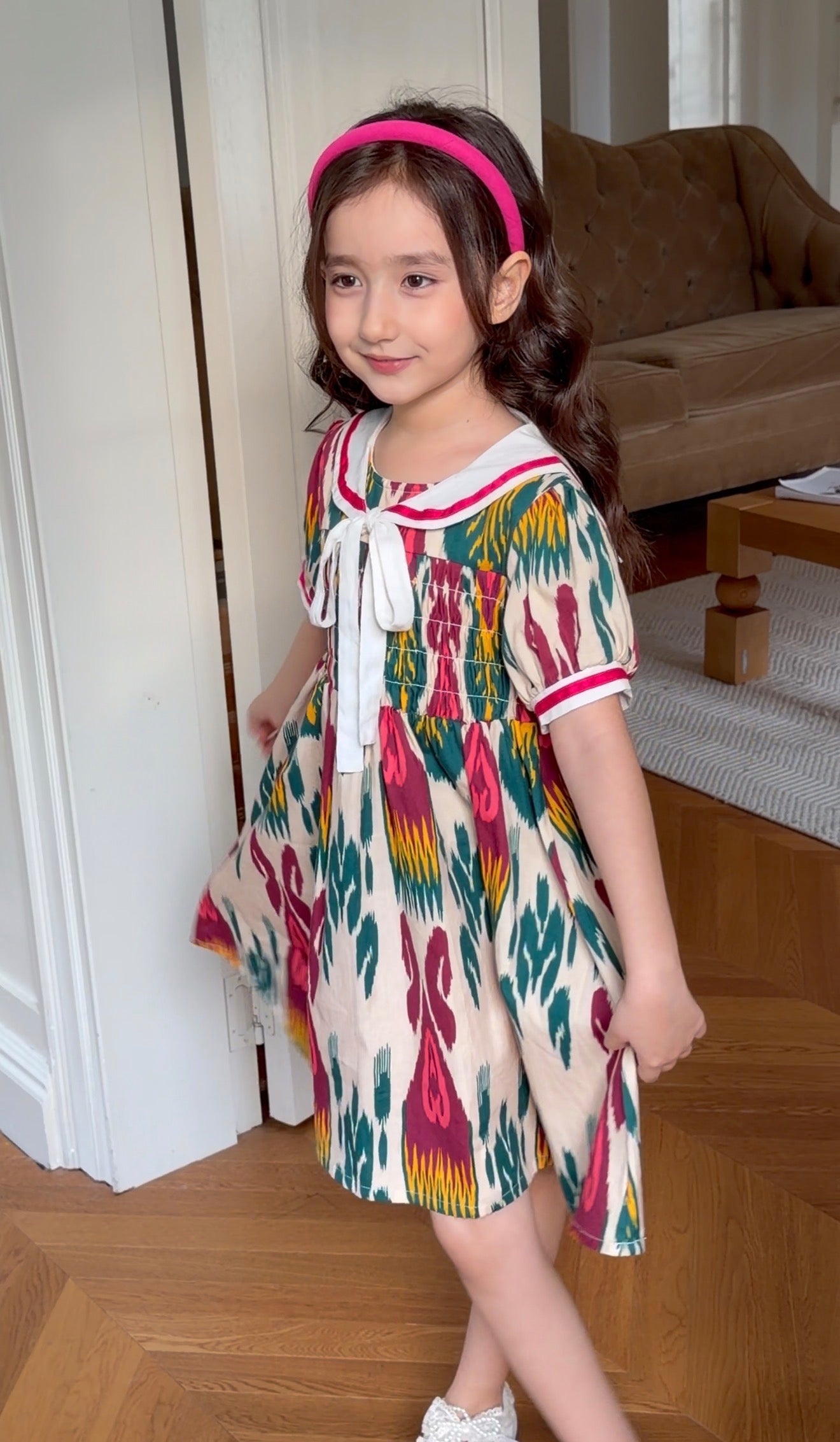 Girls Atlas Cotton Dress – Nautical Style Ikat Summer Dress