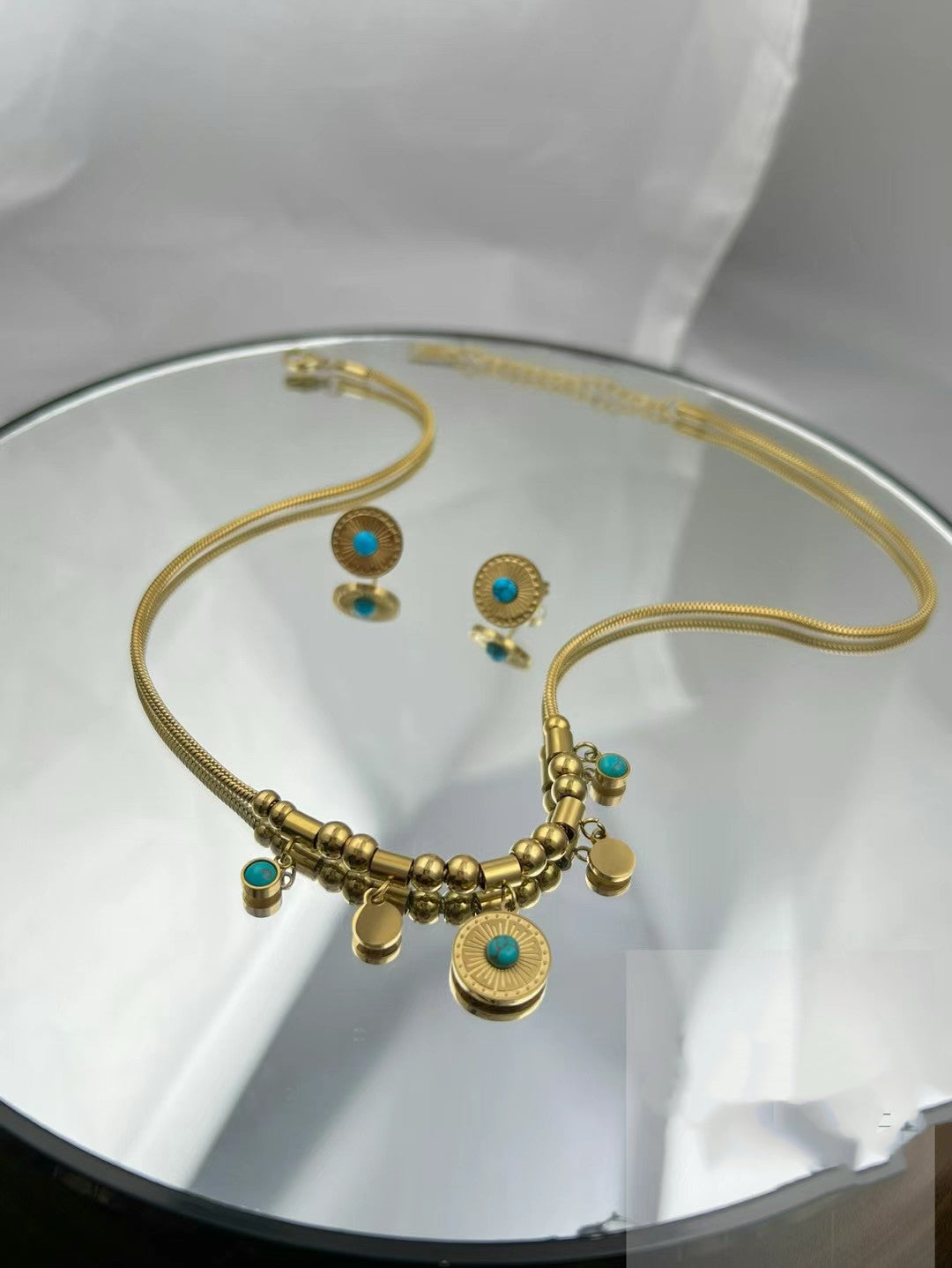 Gold Color Stainless Steel Necklace & Earrings Set(95)