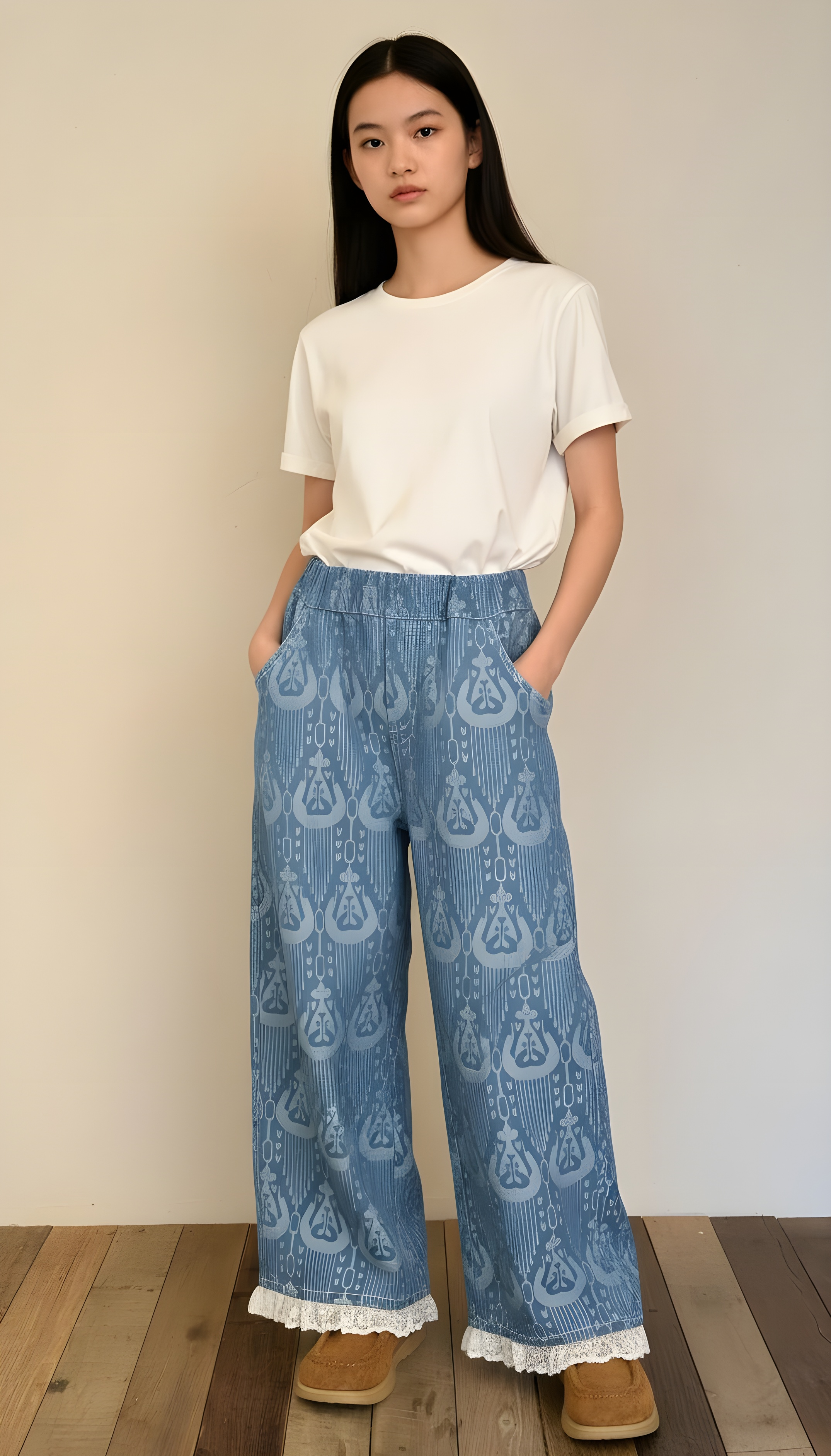 Blue Ikat Wide-Leg Denim Pants