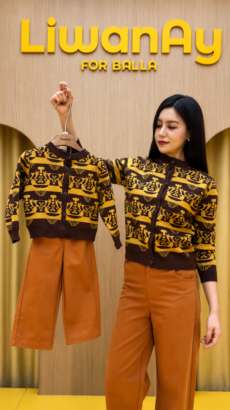Woman holding up a brown and mustard ikat-pattern knit cardigan on a hanger, wearing a matching cardigan with rust wide-leg pants in a LiwanAy store.