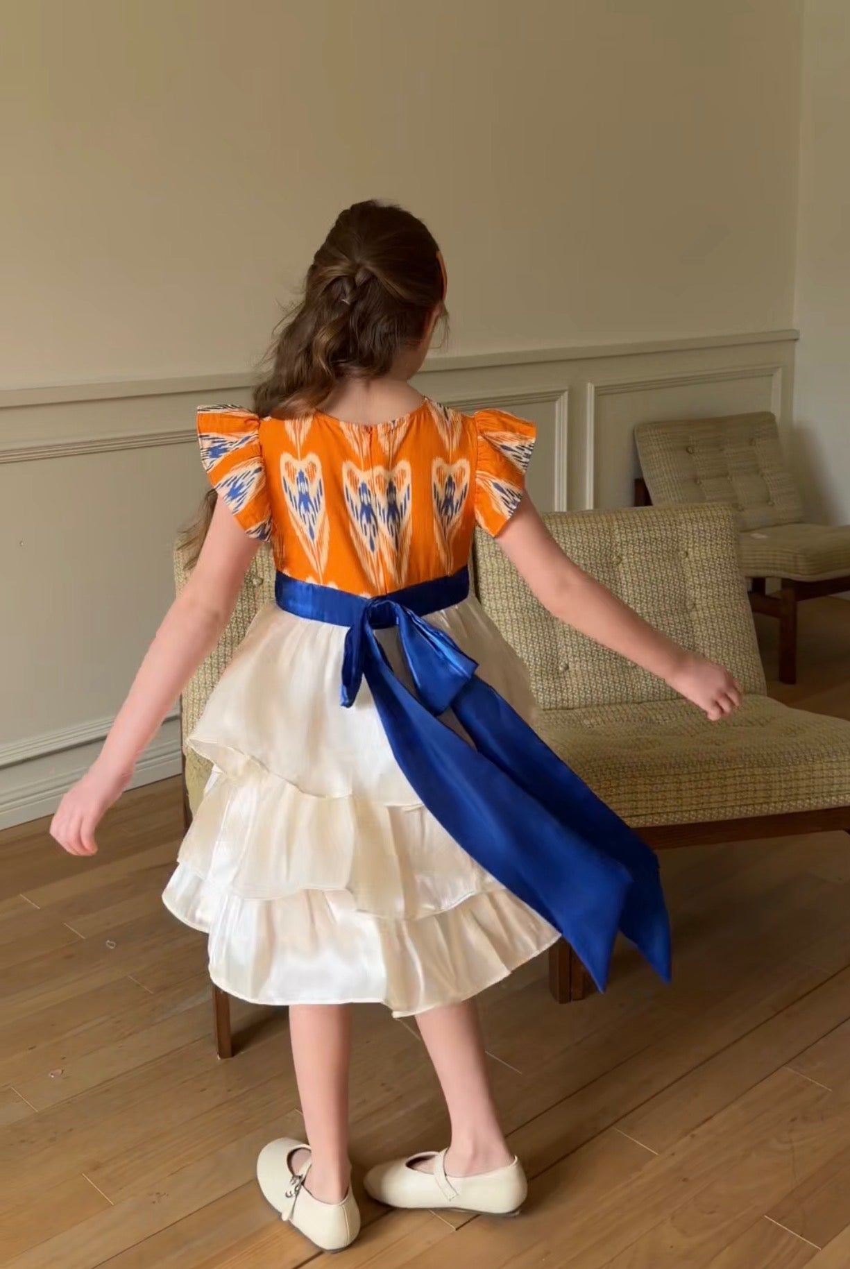 Girls Atlas Ikat Princess Dress – Layered Cotton Dress with Ribbon Waist