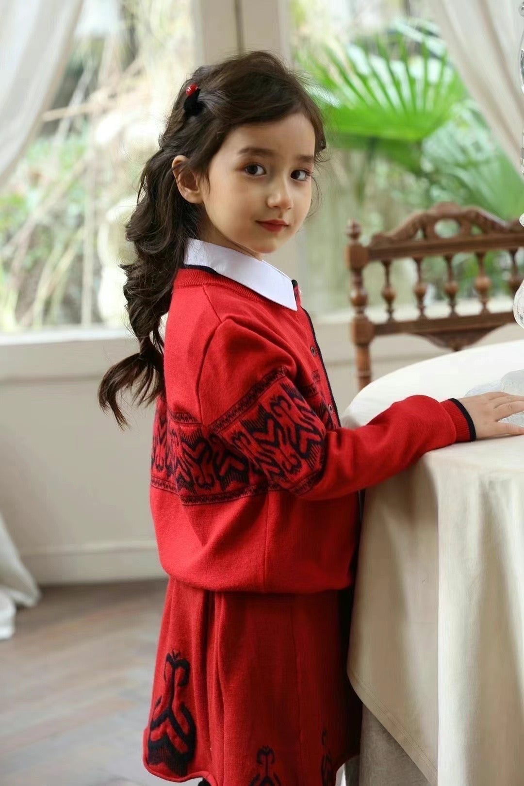 Girls’ Knit Two-Piece Set – Soft Red Cardigan & Skirt