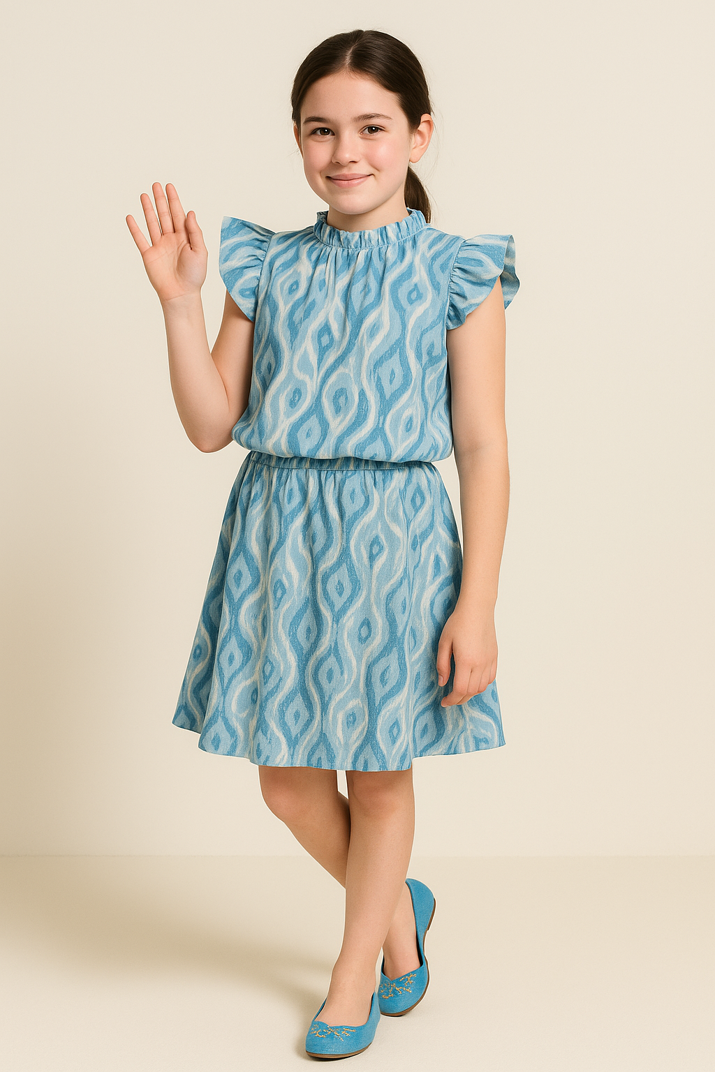 “Sky Bloom” Atlas Ikat Dress – Lightweight & Elegant with Flutter Sleeves