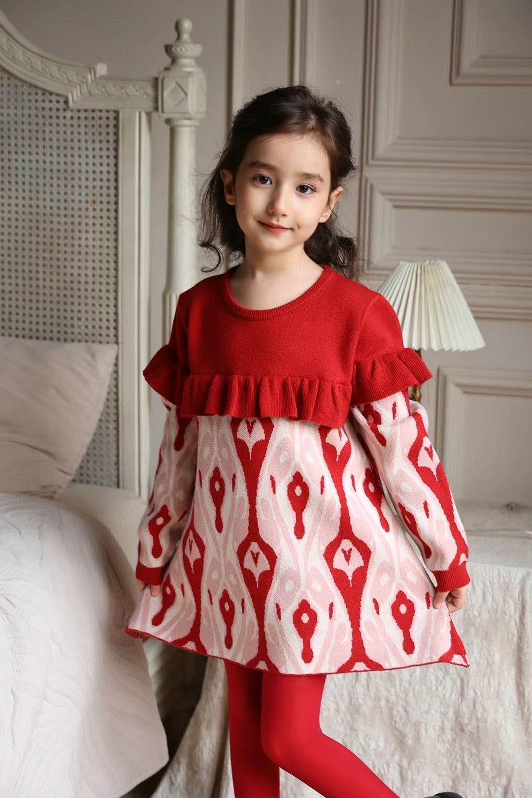 Girls’ Knit Dress – Red Ikat Pattern
