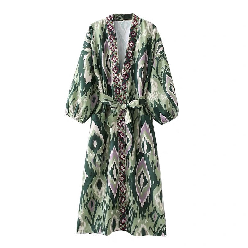 Ethnic Style Ikat Print Kimono Coat with Waist Tie – Mid-Length
