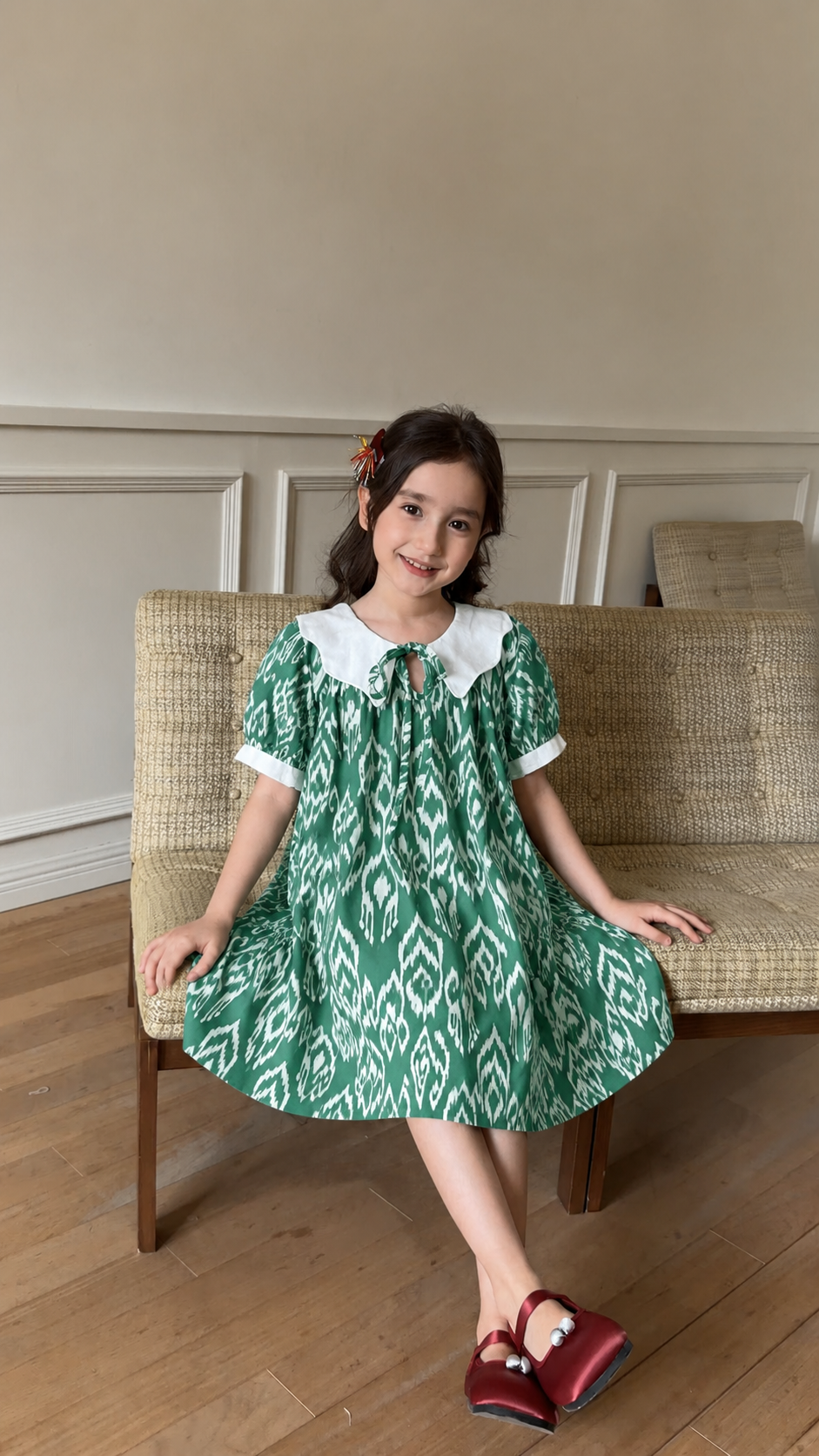 Green Ikat Cotton Dress with White Collar