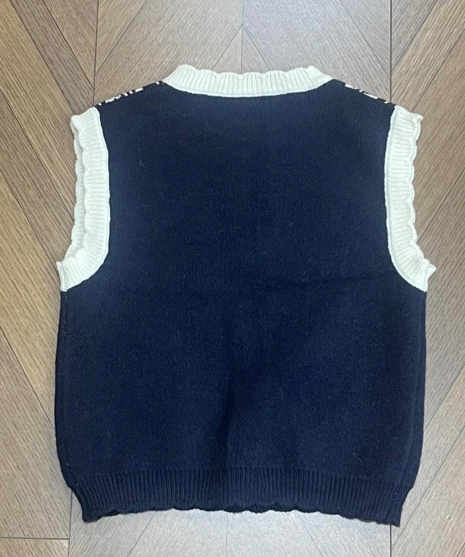 Navy Ikat Knit Vest with Ruffle Details