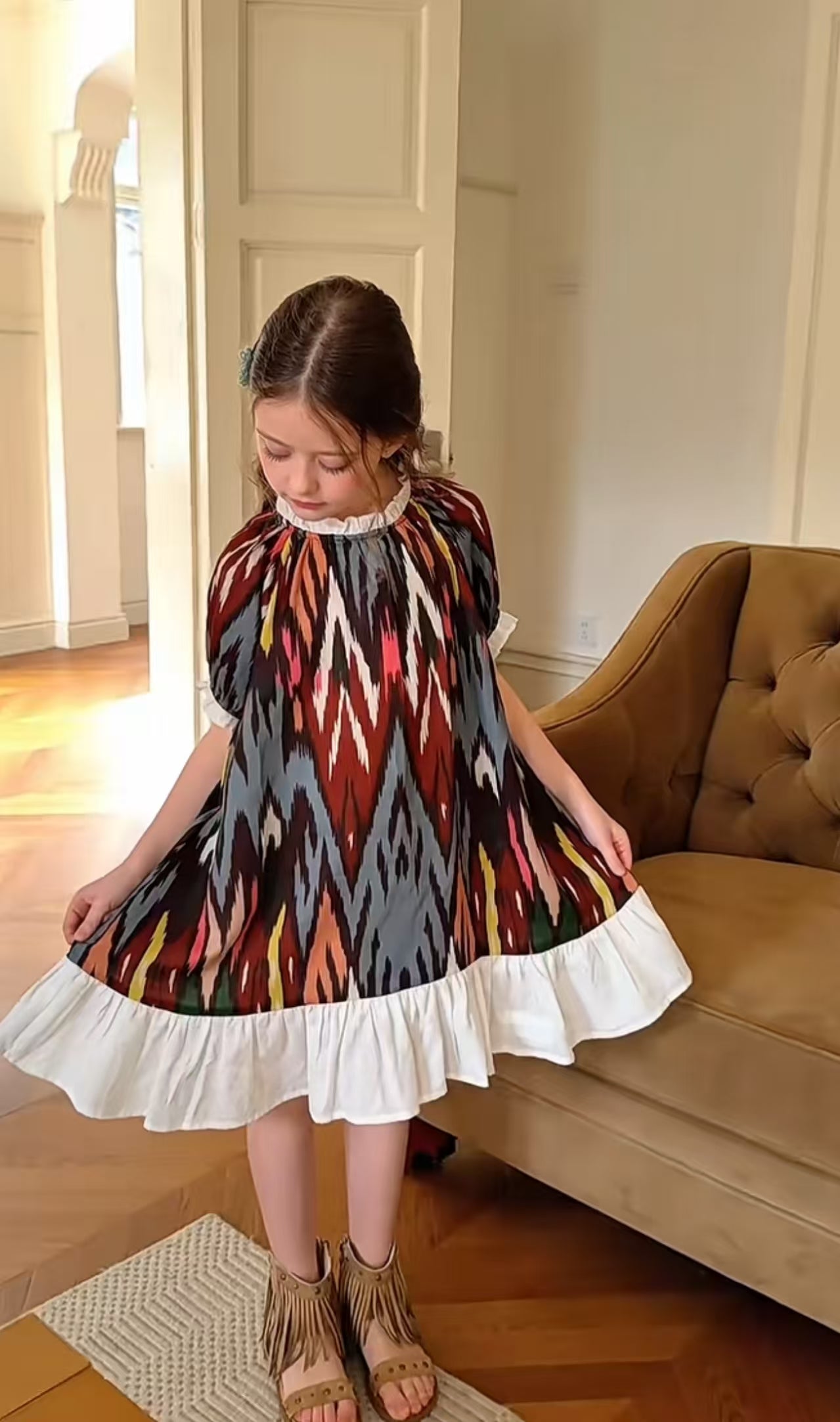 Luxury Atlas Cotton Dress for Girls – Elegant Vintage Princess Dress