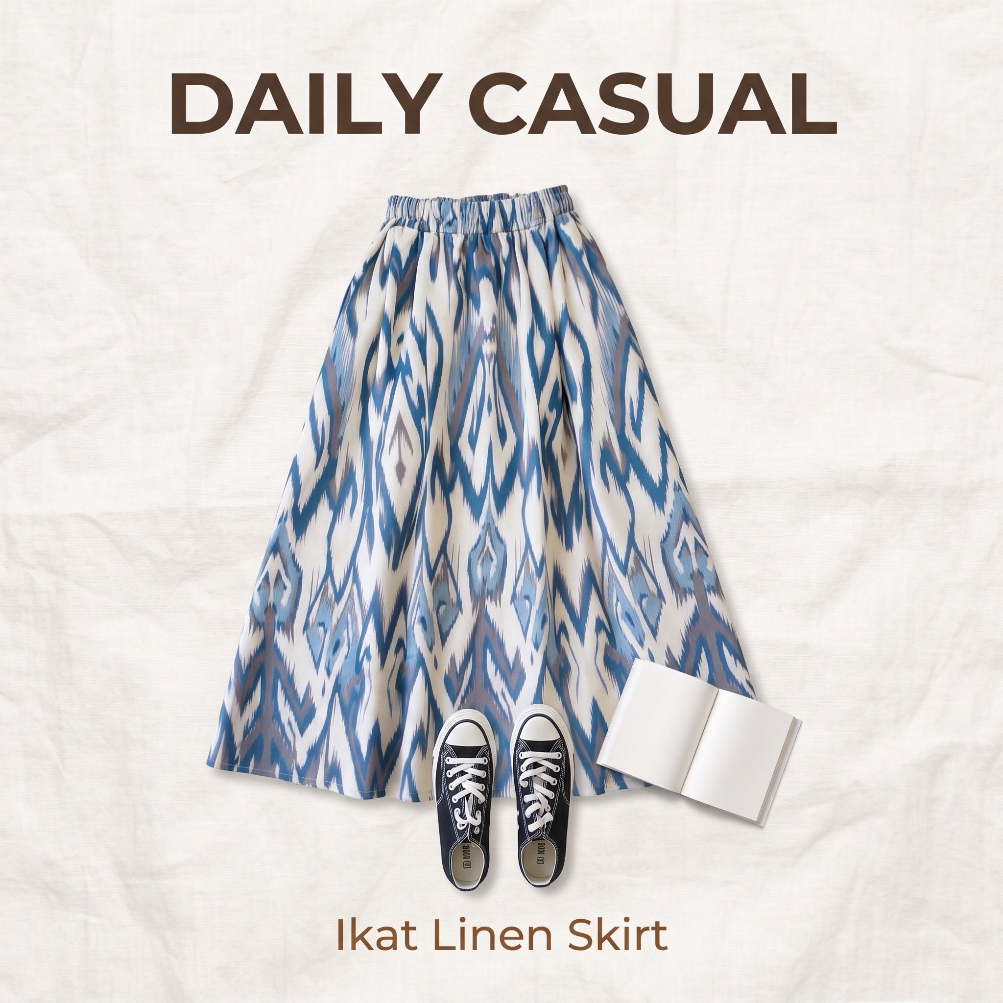 Coastal Ikat Linen Maxi Skirt – 100% Linen Heritage A-Line Skirt (One Size)