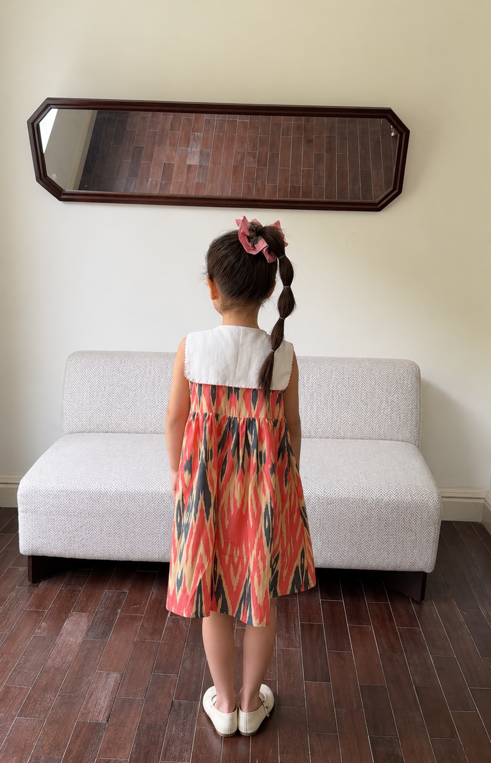 Girls Atlas Ikat Cotton Dress – Embroidered Collar Dress with Patch Pocket Design