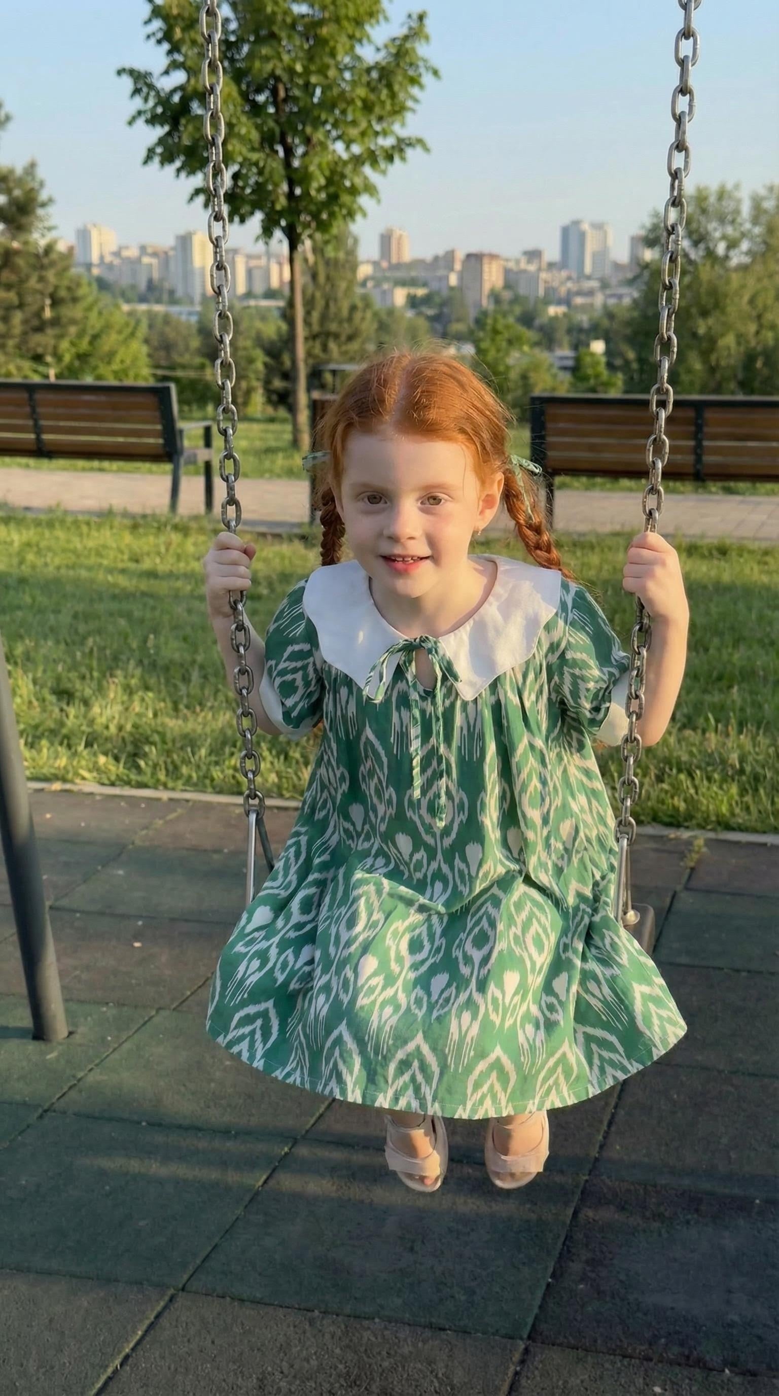 Green Ikat Cotton Dress with White Collar