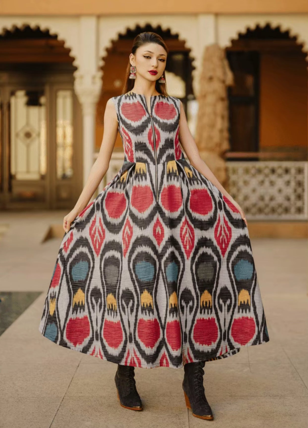 Elegant Sleeveless Ikat Maxi Dress – 100% Cotton-Linen Blend