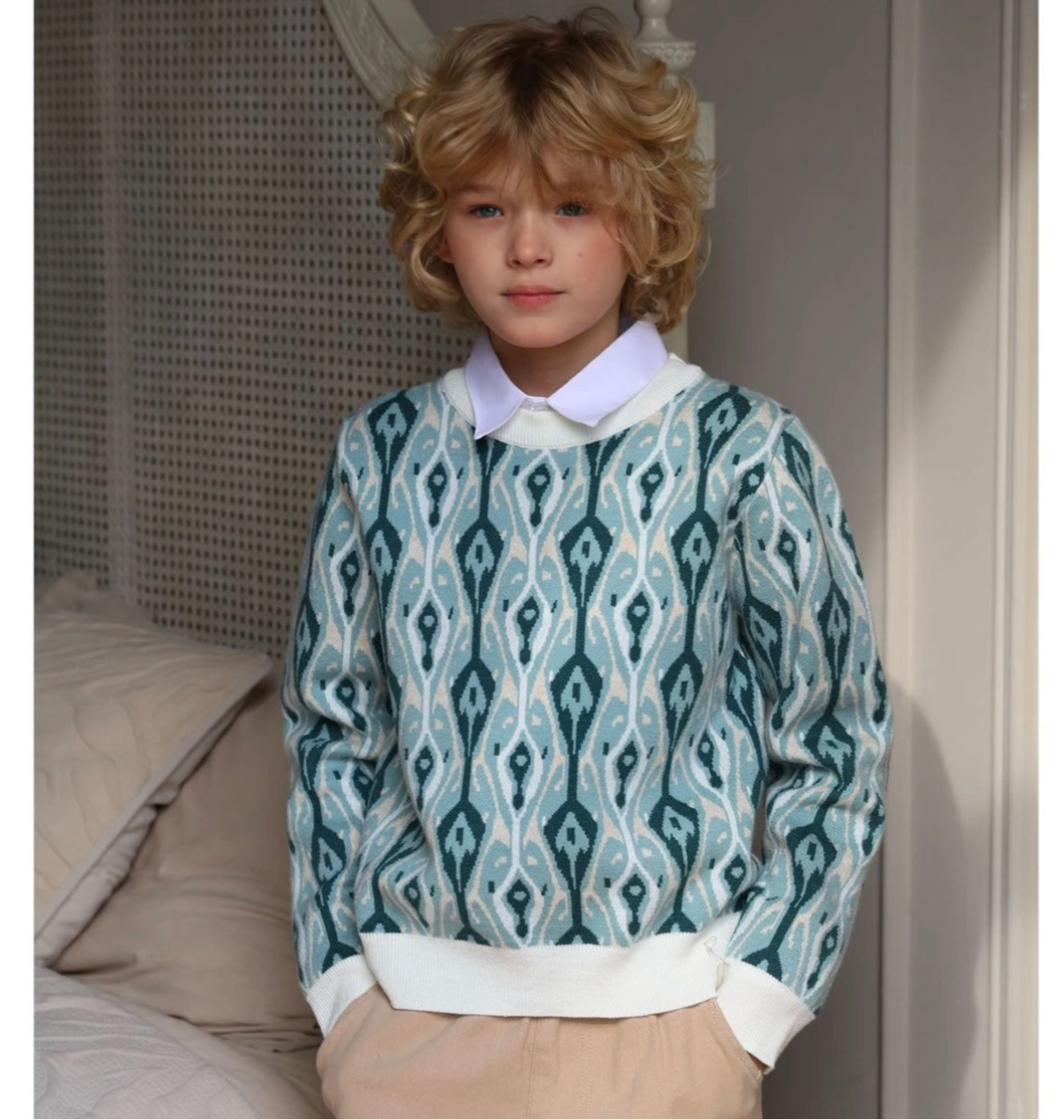 Vintage Atlas Pattern Boys’ Long Sleeve Pullover – Fall/Winter Style