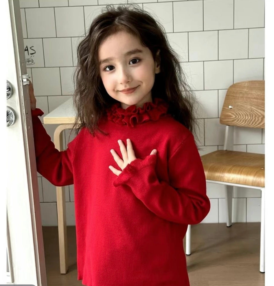 Girls’ Knit Dress – Solid Red with Ruffled High Neck