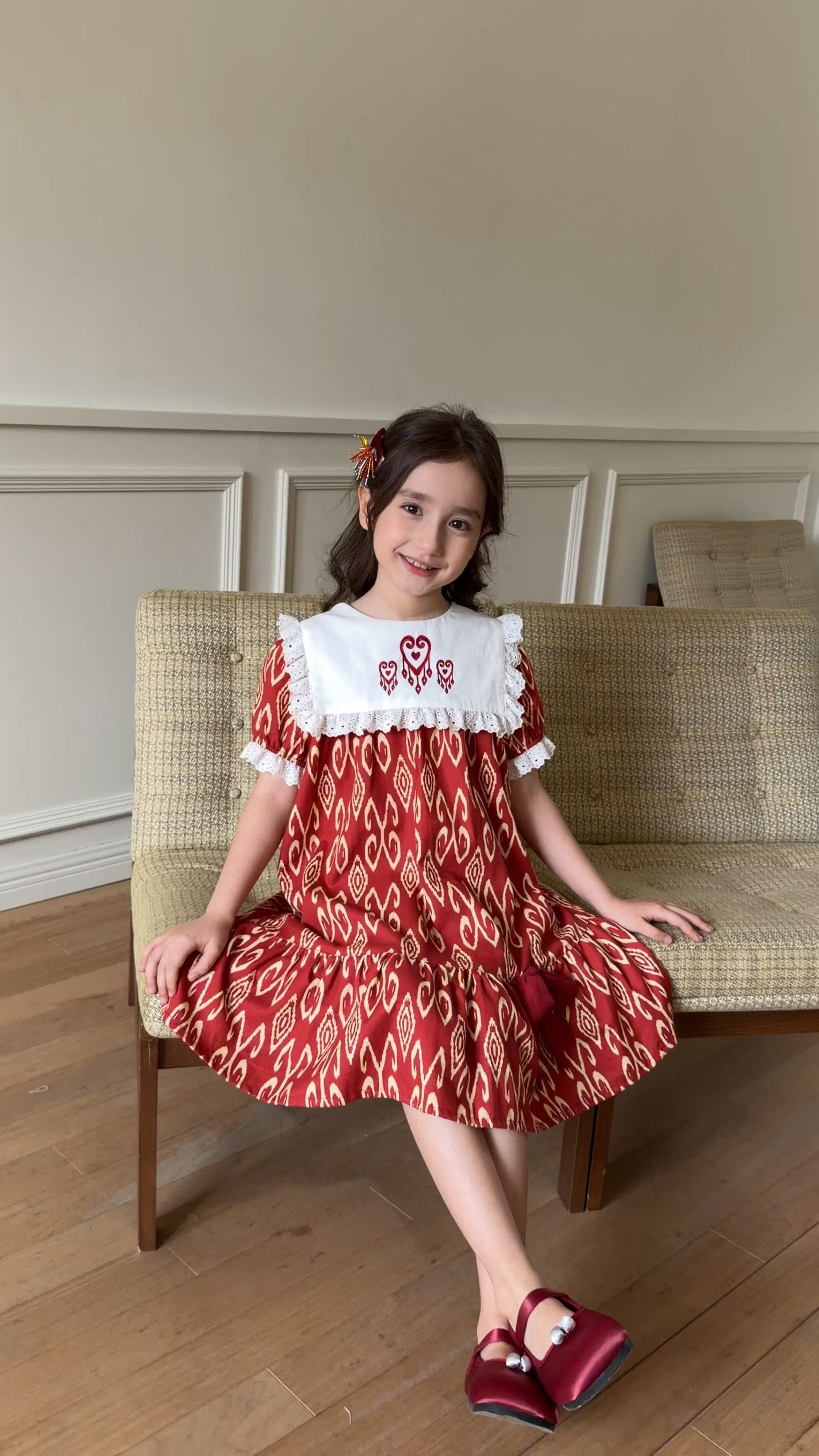 Atlas Red Cotton Dress for Girls – Embroidered Vintage Princess Dress