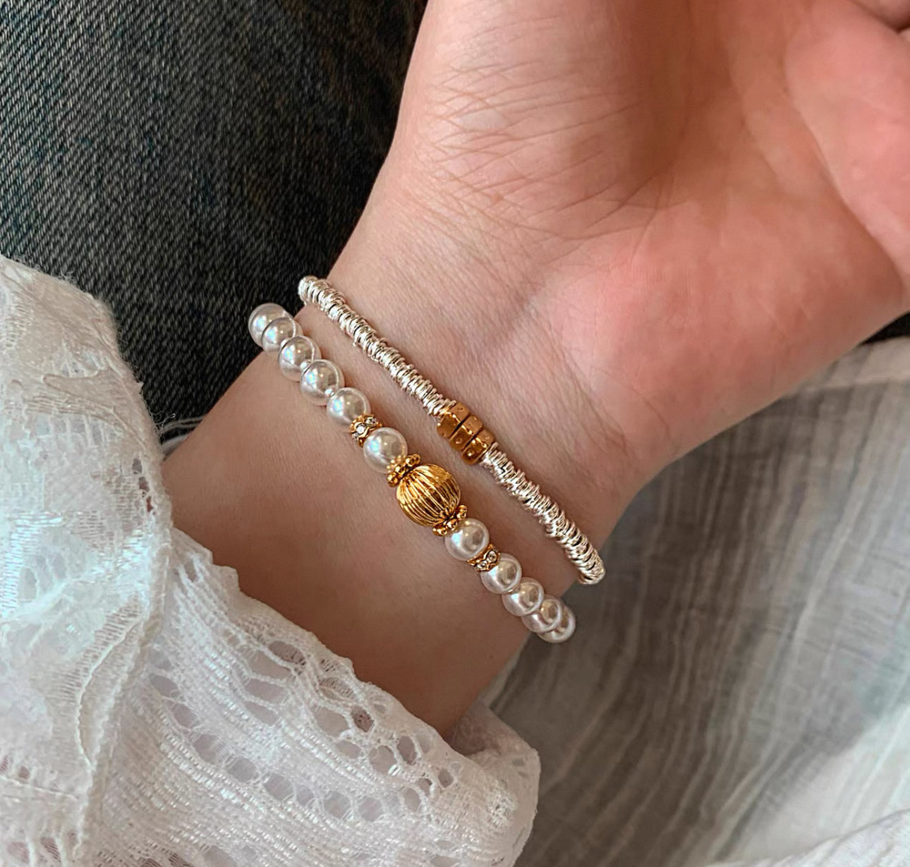 Silver Coil Bracelet with Gold Accent Beads(15)