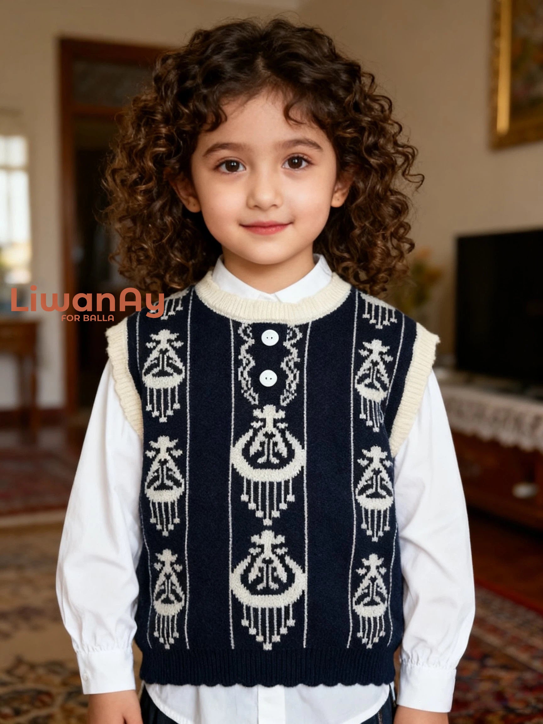 Navy Ikat Knit Vest with Ruffle Details