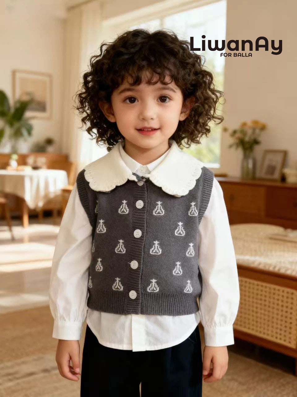 Grey Ikat Knit Vest with Scalloped Collar