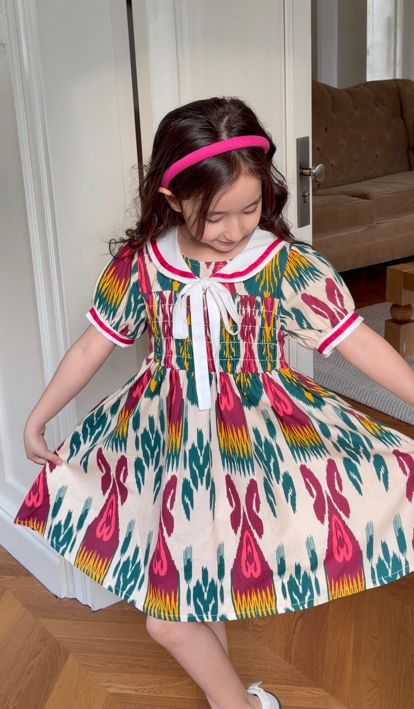 Girls Atlas Cotton Dress – Nautical Style Ikat Summer Dress