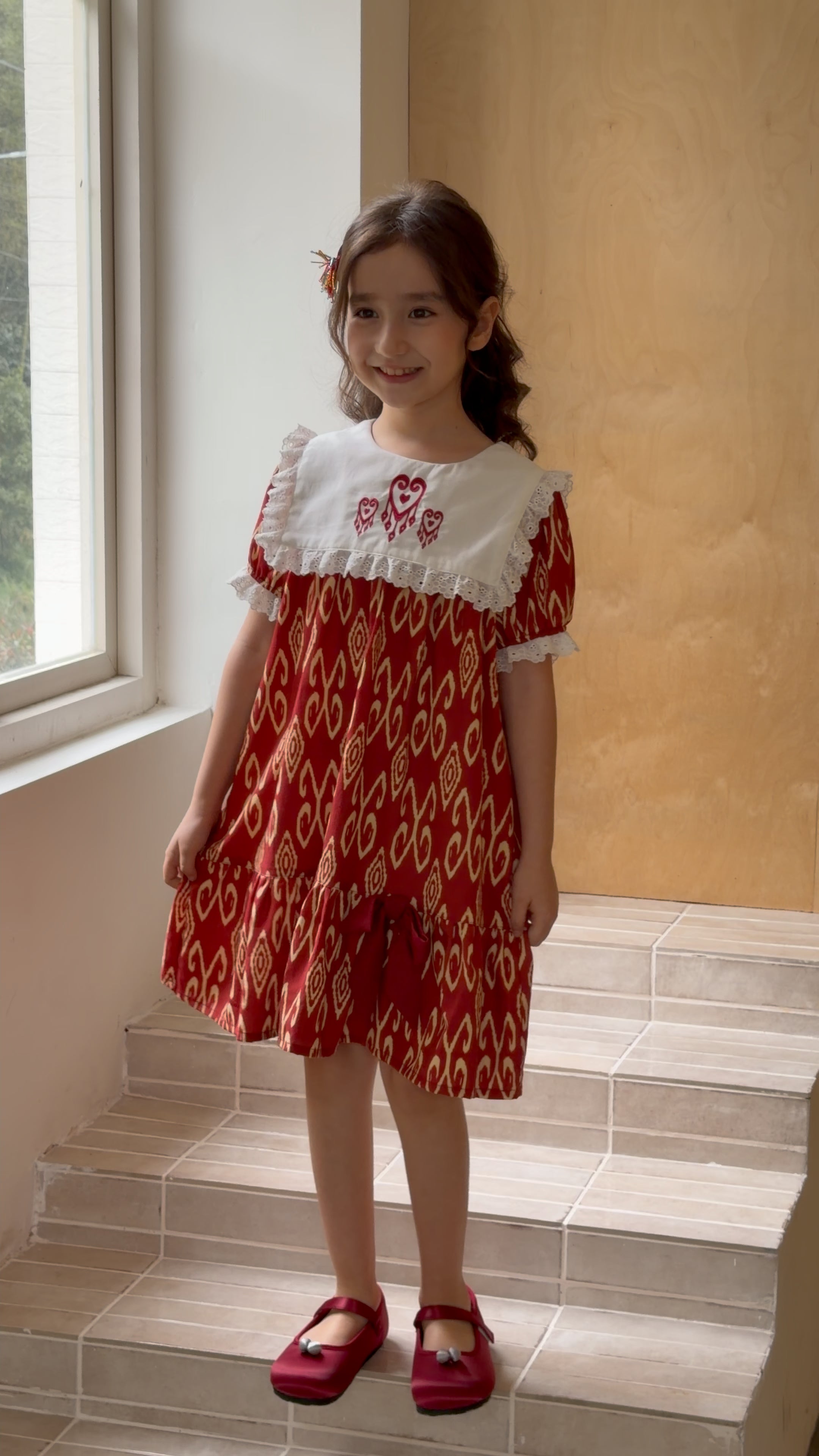 Atlas Red Cotton Dress for Girls – Embroidered Vintage Princess Dress