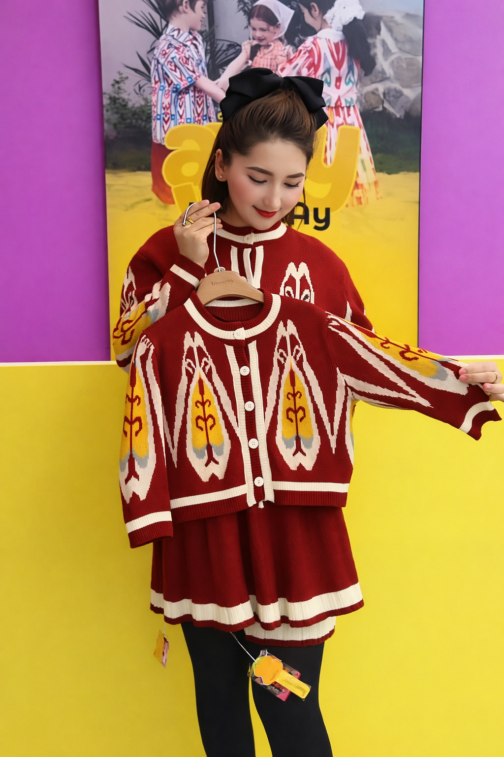 Red Ikat Knit Cardigan for Girls | Cultural Pattern Button-Up Sweater | Soft Knitted Jacket