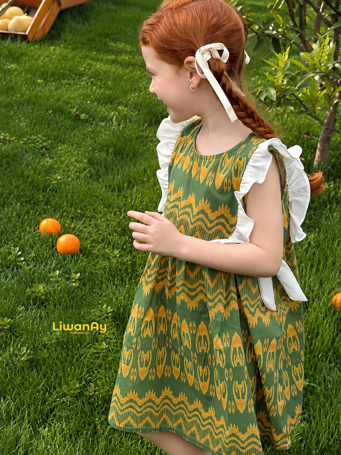 “Citrus Grove” Atlas Cotton Dress – Ruffle Shoulder | Summer Green Edition