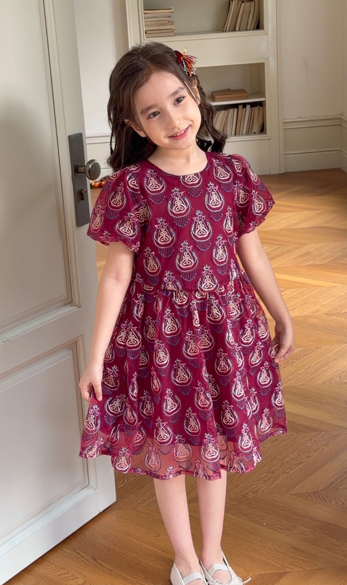 Girls Cotton Blend Atlas Dress – Burgundy Ikat Flowy Dress