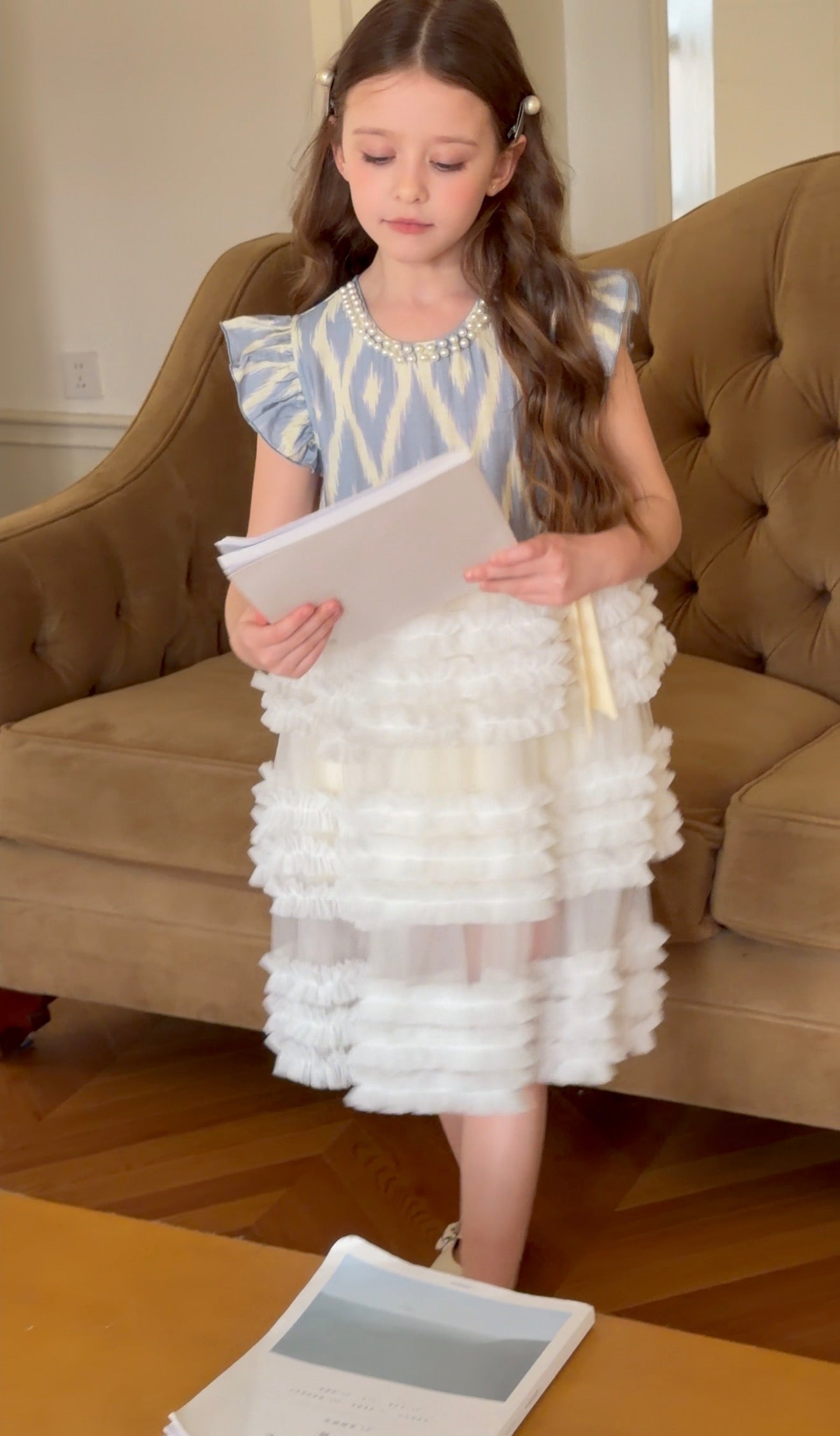 Girls Atlas Ikat Couture Princess Dress – Layered Tulle Dress with Pearl Neckline