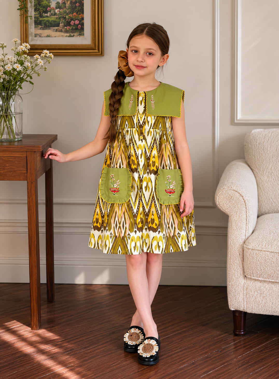 Embroidered Atlas Cotton Dress for Girls – Vintage Pocket Dress