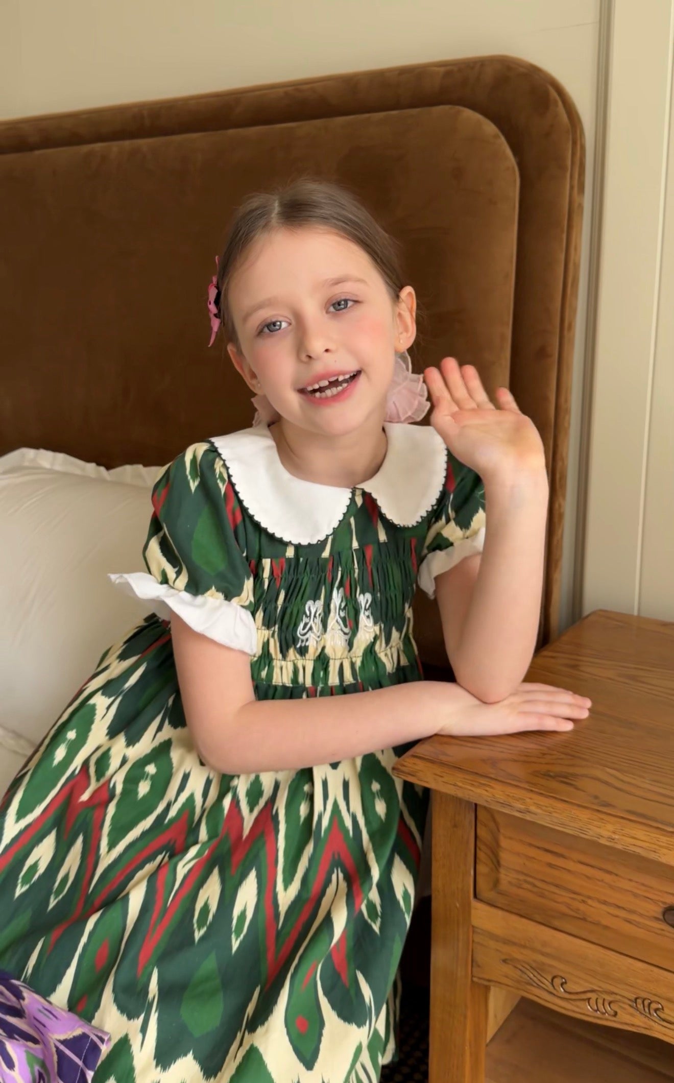 Girls Cotton Atlas Dress β Green Ikat Dress with Peter Pan Collar & Smocked Bodice