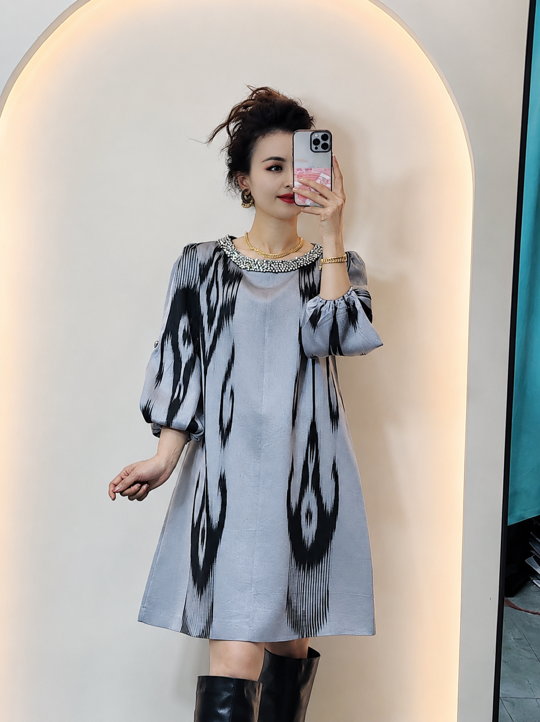 Blue Ikat Shift Dress with Balloon Sleeves – 100% Cotton (Fits 70–75 kg)