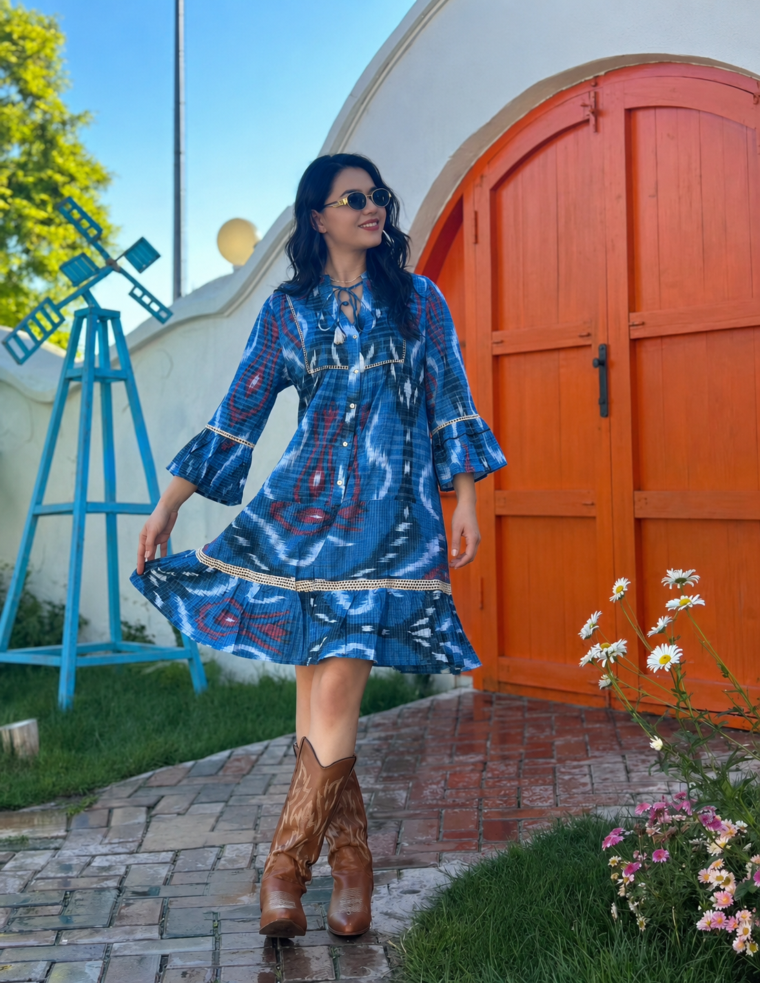 Boho Hand-Dyed Ikat Tassel Dress – Cotton Comfort in Pink & Blue