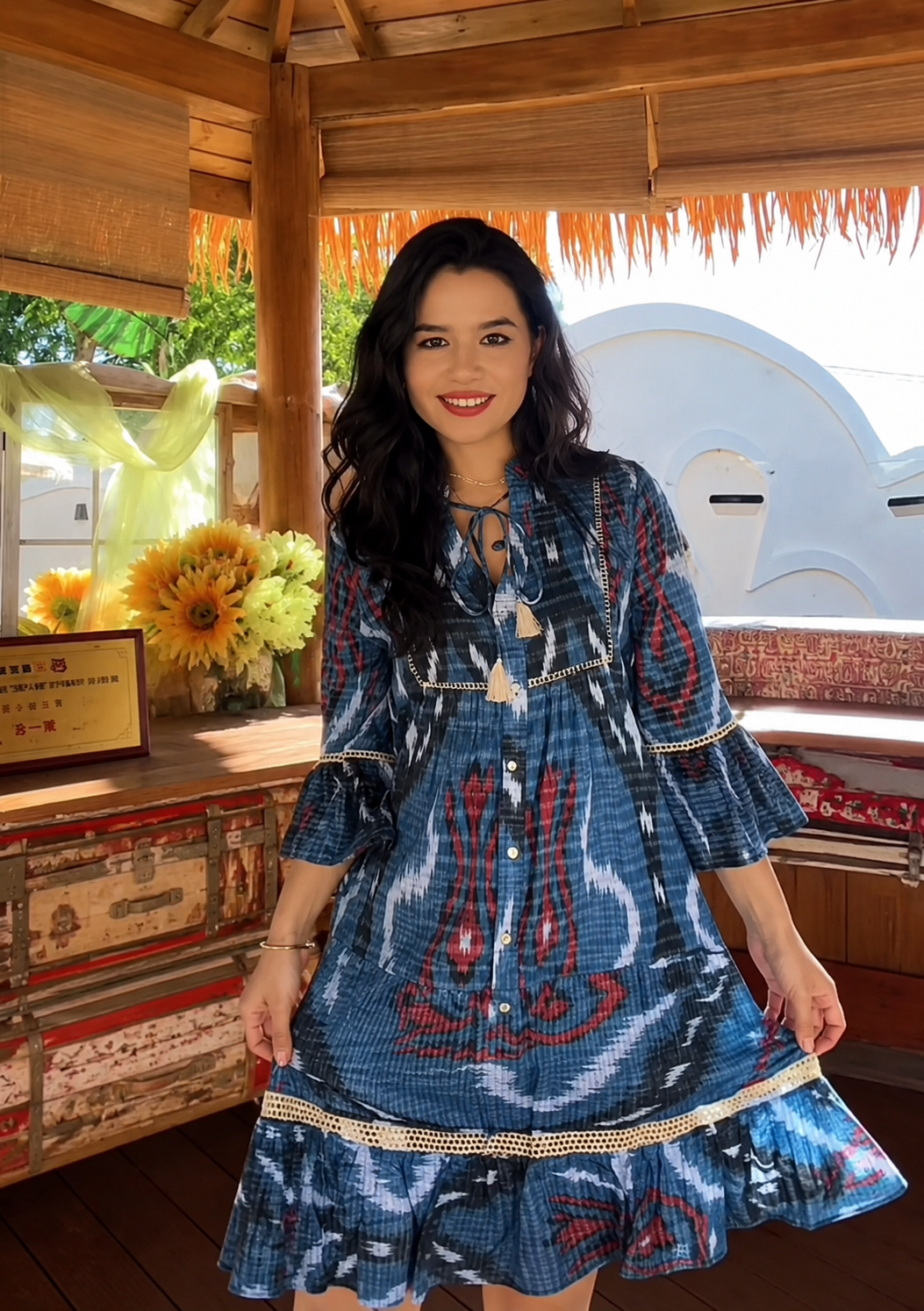 Boho Hand-Dyed Ikat Tassel Dress – Cotton Comfort in Pink & Blue