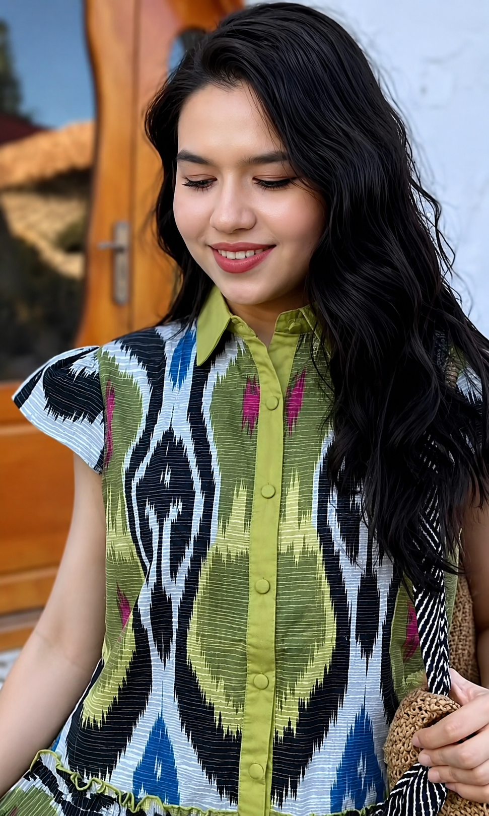Hand-Dyed Ikat Shirt Dress – Short Sleeve Cotton Elegance