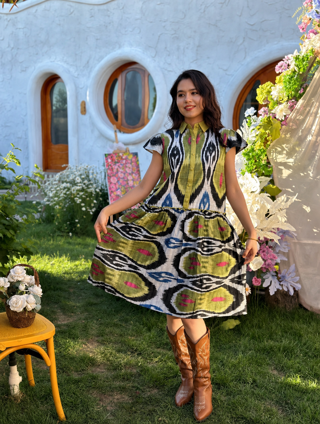 Hand-Dyed Ikat Shirt Dress – Short Sleeve Cotton Elegance