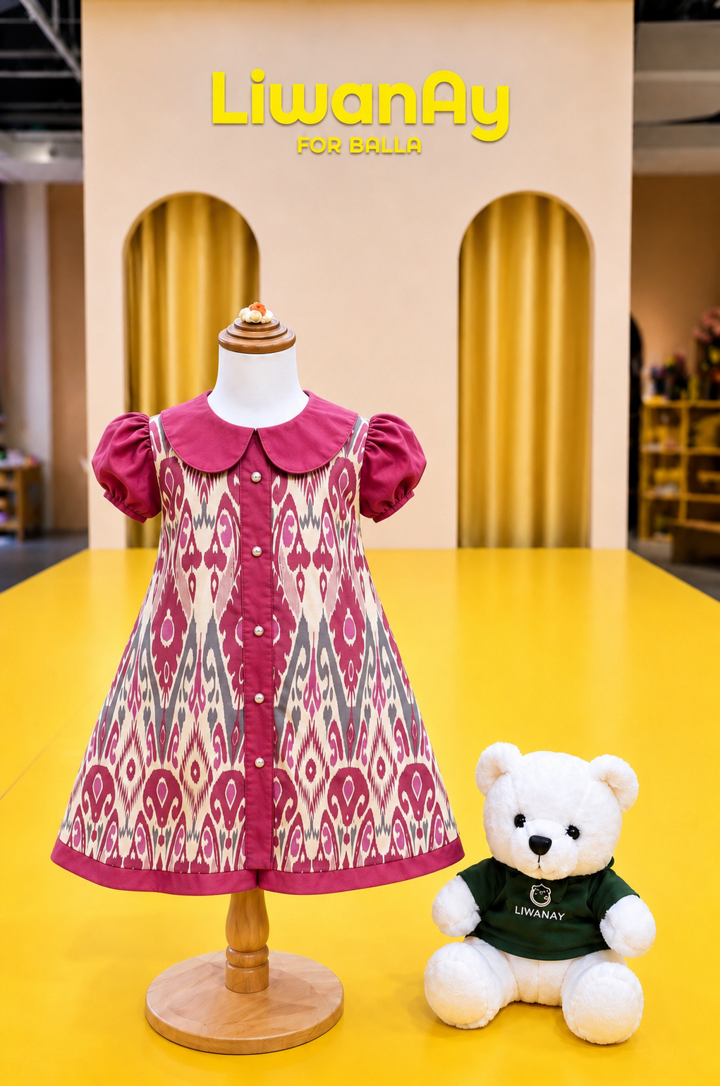 Age 2- Age 4: Girls Ikat Cotton Dress β Puff Sleeve Button Dress (Ruby Maroon)