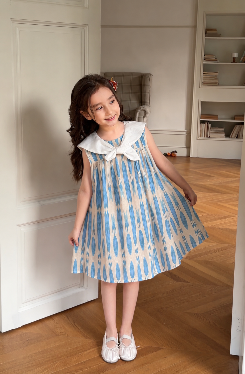 Girls Ikat Cotton Dress – Sailor Collar Summer Dress (Soft & Breathable)
