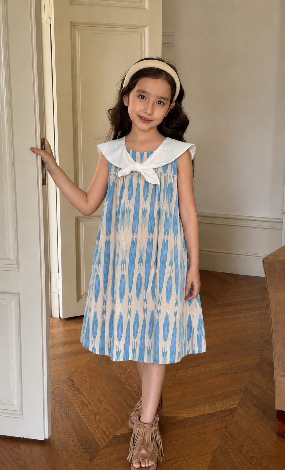 Girls Ikat Cotton Dress – Sailor Collar Summer Dress (Soft & Breathable)