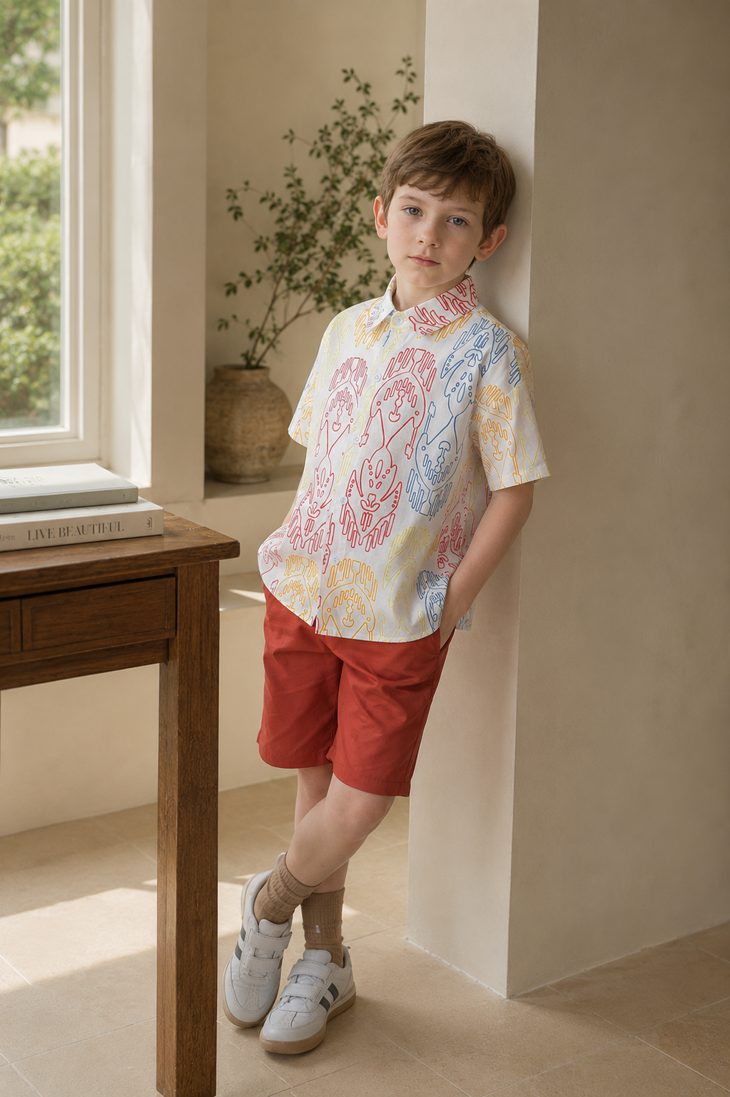 Boys’ Multicolor Ikat-Inspired Cotton Shirt – 100% Soft Cotton