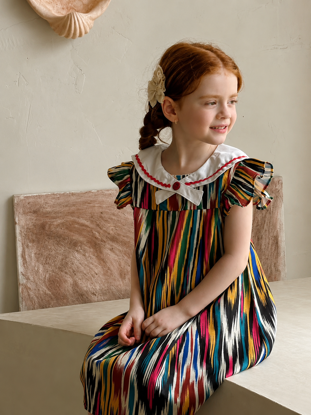 Colorful Ruffle Ikat Dress β White Collar Edition | LiwanAy
