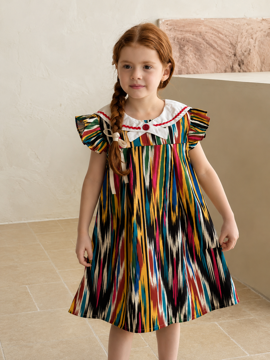 Colorful Ruffle Ikat Dress β White Collar Edition | LiwanAy
