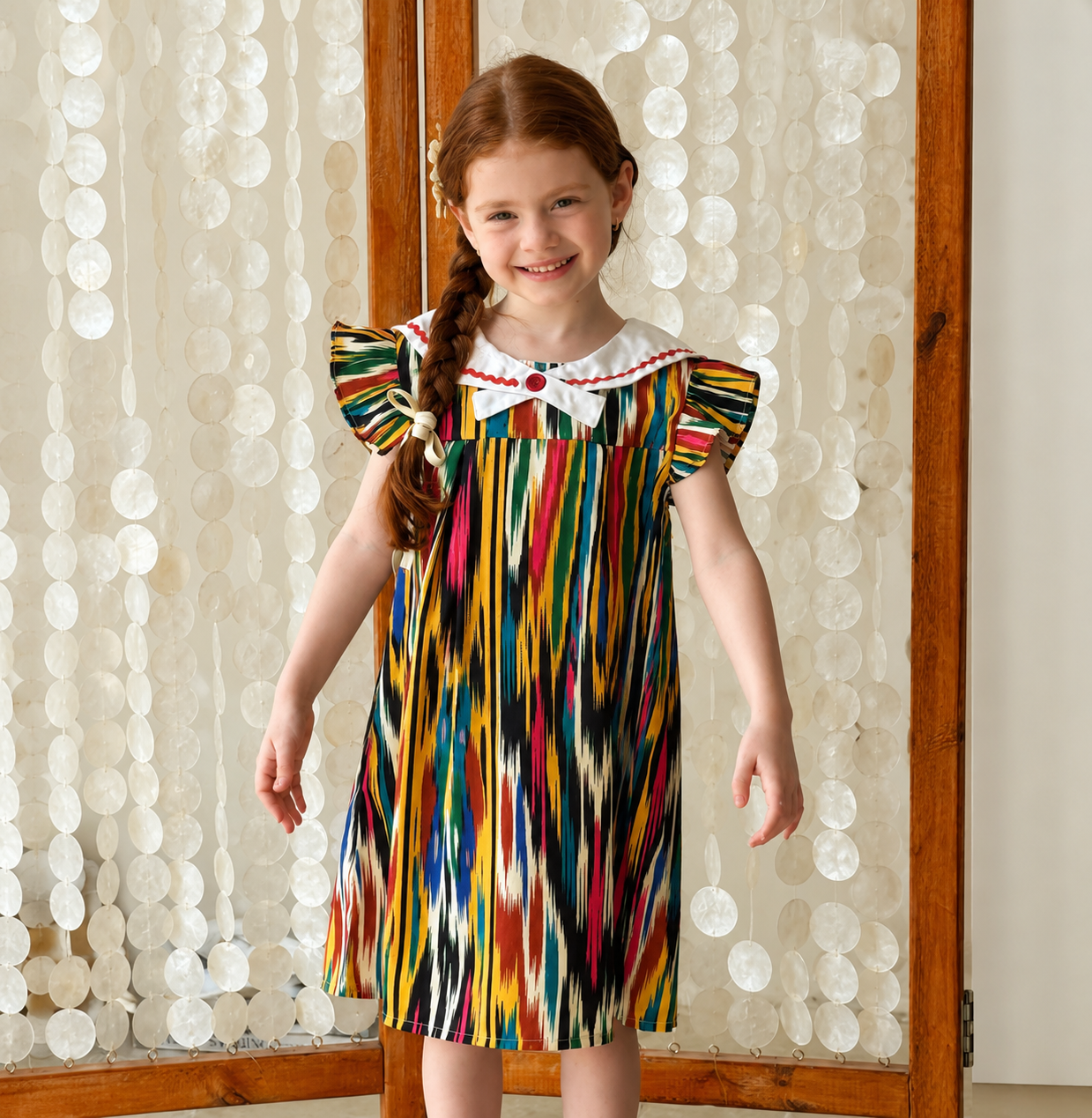 Colorful Ruffle Ikat Dress β White Collar Edition | LiwanAy