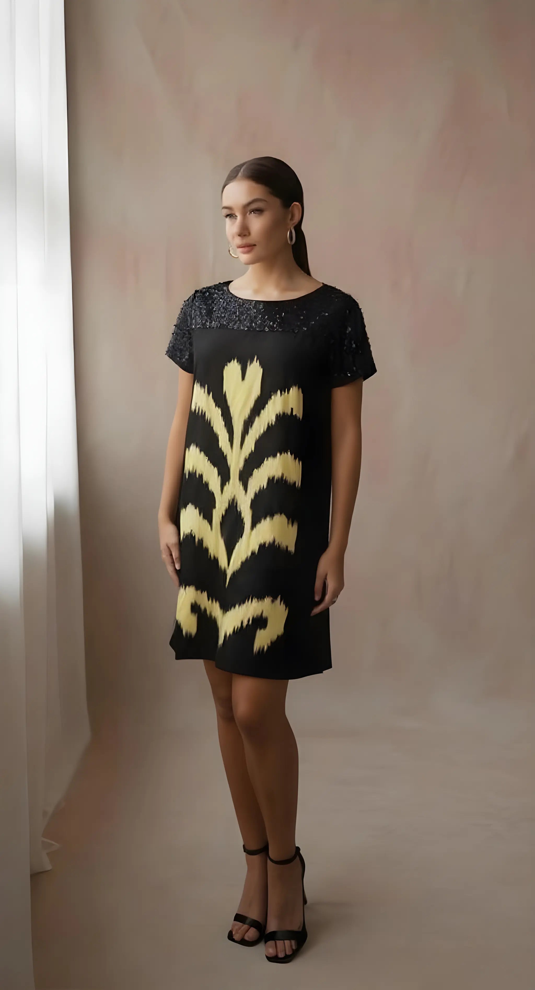 Black Ikat Puff Sleeve Dress – Cotton Comfort Fit (65–70 kg)
