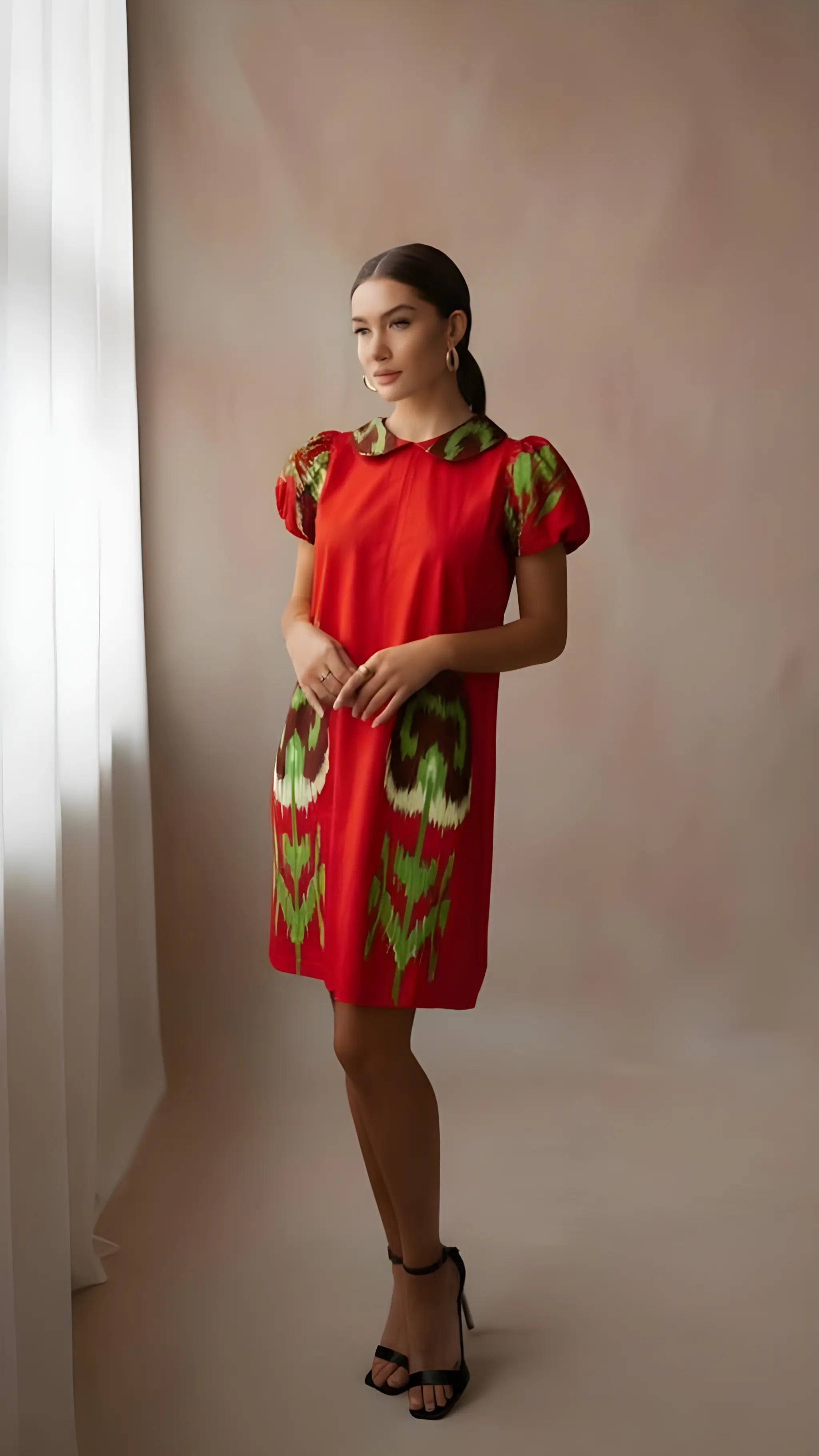 Bold Red Ikat Puff Sleeve Dress – Cotton Comfort Fit (65–70 kg)