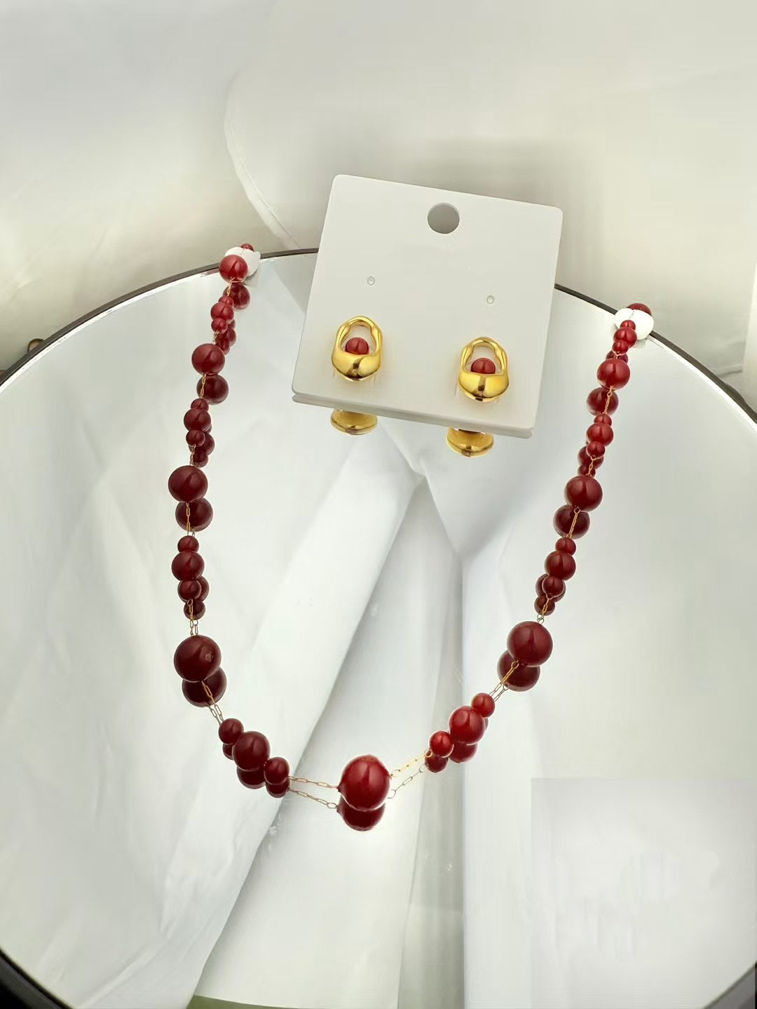 Gold Color Stainless Steel Red Bead Necklace & Earrings Set(53)